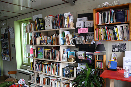 photographie de la bibliothèque, une étagère à 6 étages remplie de livres, fanzines, disques